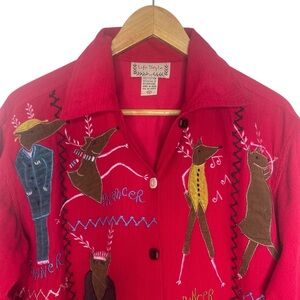 Vintage Corduroy Santa Reindeer Holiday Blouse Shirt Size S Button Up Life Style